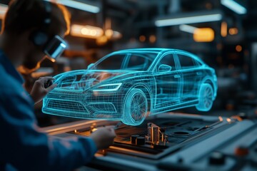 Obraz premium Engineer using augmented reality to design and visualize futuristic car prototype in a high-tech lab environment.