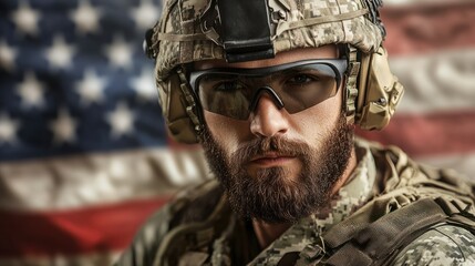 Fototapeta premium Photo of soldier with the USA flag on background. Special force United States soldier.