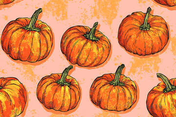 Vector illustration of pumpkins rendered in risograph and line art styles, featuring bold outlines and textured details. The design captures the essence of autumn with a modern and artistic twist. 