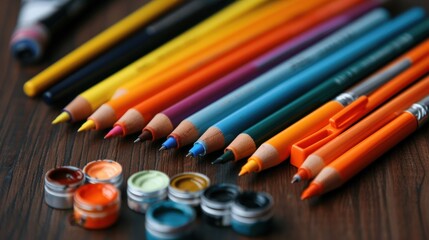 Obraz premium Courses with art supplies including paints and fountain pens, Creative, Bright colors, Illustration, Emphasizing creativity and learning