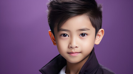 Portrait of a cute happy Asian boy child with perfect skin, purple background, banner.