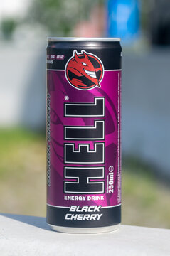 Ansfelden, Austria - June 2, 2024: Can of Hell energy drink black cherry taste.