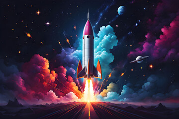 Fototapeta premium Experience a dynamic startup launch with this vibrant rocket backdrop, perfect for wallpapers. Ignite your journey with the essence of exploration!