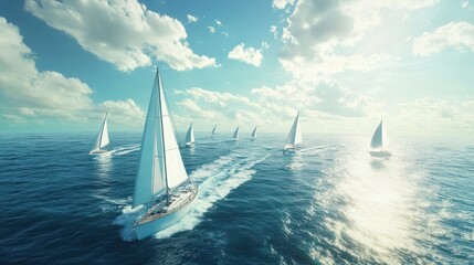 Obraz premium Regatta sailing ship yachts with white sails at opened sea. Aerial view of sailboat in windy condition.