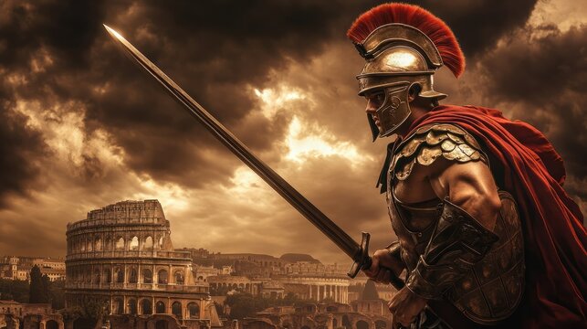 Roman male legionary, legionaries wear helmet with crest, long sword and scutum shield, heavy infantryman, realistic soldier of the army of the Roman Empire, on Rome background. Warrior Gladiator