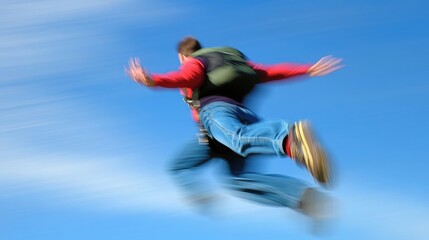Mid-air skydiver is having fun and free falling through the clear blue sky