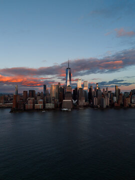 Dusk Skyline of New York City, drone shot