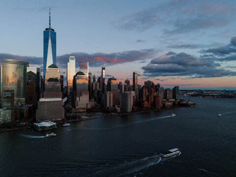 Twilight view over Manhattan waterfront,, New York City