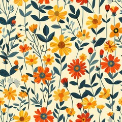 Cute Seamless Pattern Featuring Colorful Wildflowers on Cream Background
