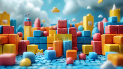 Obraz premium A vibrant cityscape made of colorful toy blocks and shapes, set against a blue sky with fluffy clouds, creating a playful atmosphere