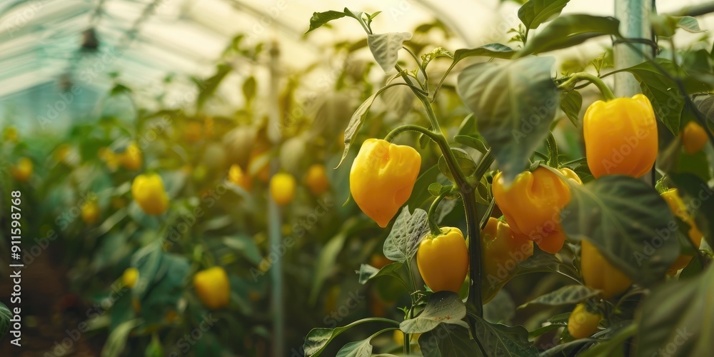 Wall mural Unripe yellow peppers growing in a greenhouse