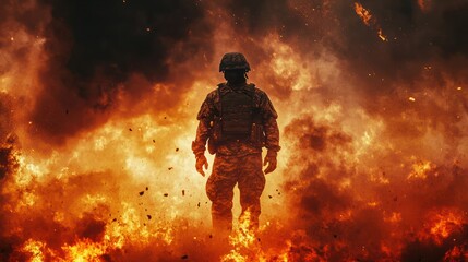 soldier at war, war zone, fictional location, fire and flames, something is burning from a attack or explosion