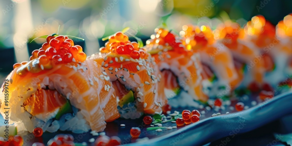 Canvas Prints Close up of salmon sushi with red caviar garnish