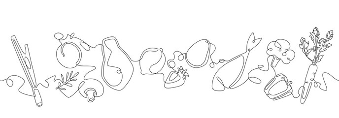 Healthe Fresh Food  in Continuous Line Drawing Style isolated on white background. Cooking banner. Vector illustration.