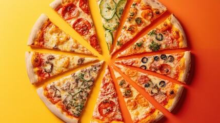 Pizza slices arranged in a circular gradient pattern