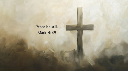 Abstract illustration of a cross standing in a misty landscape with a scripture quote from Mark 4:39. Concepts of spirituality, faith, scripture, and tranquility.