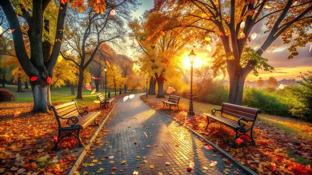 A beautiful autumn park with sunlight shining through the golden foliage. A video with a serene autumn landscape with soft sunlight and the movement of falling leaves