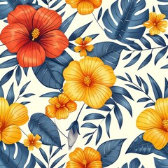 Vibrant Jungle Floral Pattern Featuring Red and Yellow Flowers Against a Light Background