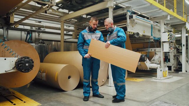 Quality control of corrugated cardboard in cardboard packaging production shop. Inspectors workers discuss parameters of cardboard made from waste paper at factory. Equipment, conveyor, technology.