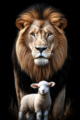 Fototapeta premium Lion And Lamb Scriptural Harmony: The Lion of Judah with the Lamb of God on Black Background. 