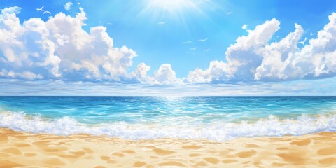 Fototapeta premium Summer's Fiery Embrace: A High-Definition Hand-Drawn Illustration of a Sun-Kissed Beach, Celebrating the Season's Warmth with Golden Sands and Azure Skies in Anime Style.