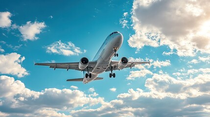 A commercial airplane is flying in the blue sky with white clouds.  
