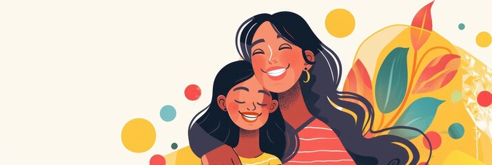 Colorful Illustration Joyful Single Mother with Her Daughter