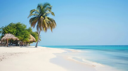 Obraz premium Golden sands meet turquoise waters under a serene, sunny sky