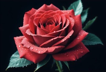 black background showcasing a vibrant red rose with dew drops on its petals create with ai
