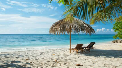 Relaxing sun loungers invite visitors to enjoy the serene beach atmosphere