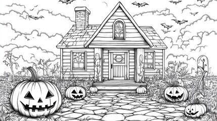 Obraz premium Spooky Hand Drawn Halloween Landscape With Jack O Lanterns Bare Trees And Haunted House