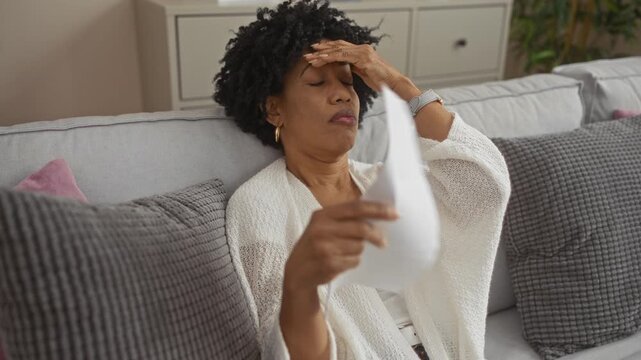 A young african american woman with curly hair relaxes in a living room, fanning herself with documents while sitting on a comfortable sofa.