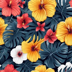 Obraz premium Tropical Summer Floral Pattern With Hibiscus and Leaves in Vibrant Colors