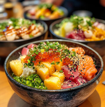 multiple bowls of vibrant, healthy Japanese food with colorful and playful ingredients, Japanese cheff and restaurant in the background