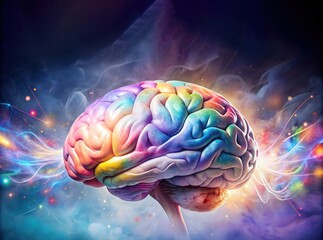 Psychedelic brain concept depicting colorful creative thinking and hallucinations during a meditative state. Banner in rainbow colors on the theme of art and mental health