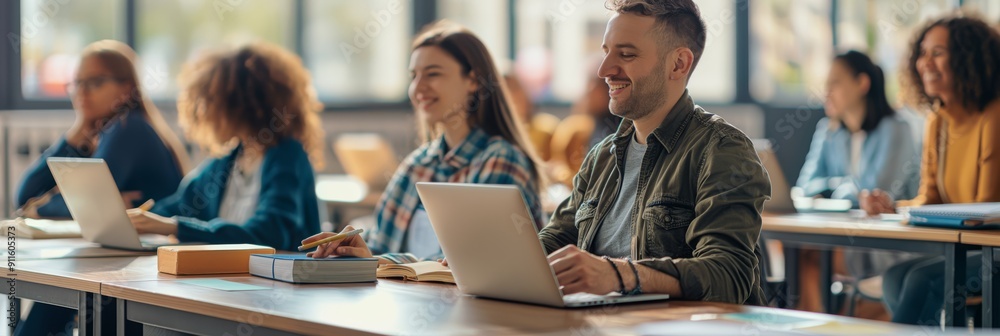 Aufkleber Students using laptops in the classroom are actively engaged in interactive learning, collaborating on projects and discussions, and applying technology for modern educational methods
