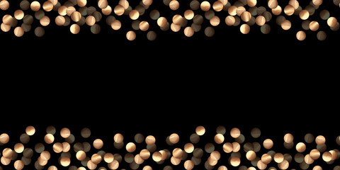 Confetti gold. Watercolor illustration. Horizontal banner made of shiny glitter. New Year template. Festive Christmas black and gold background. Frame for invitations, cards, fleurs, posters