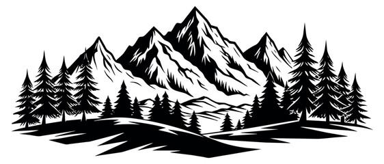 Black and white mountains with pine trees. Vector illustration
