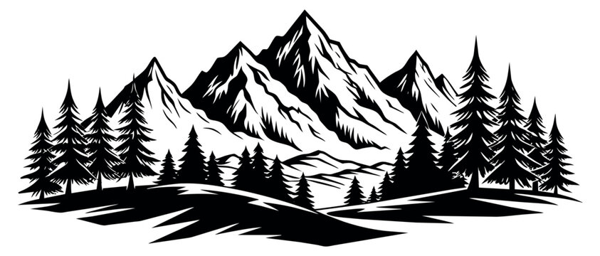 Black and white mountains with pine trees. Vector illustration