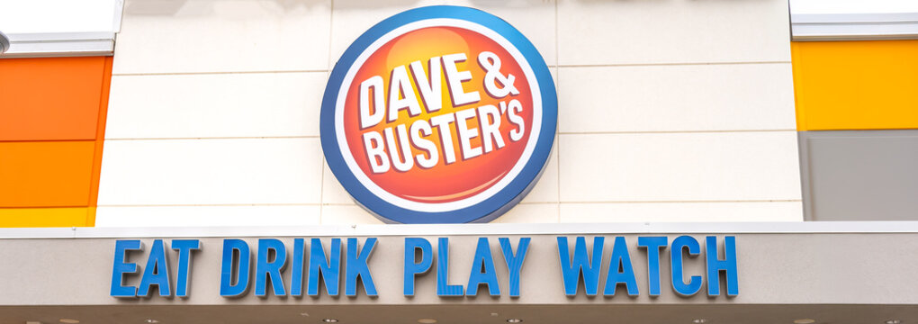 Sioux Falls, South Dakota, USA - 6.8.2024: Front sign entrance to Dave and Busters.