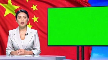 Chinese anchorwoman at desk speaks during broadcast in front of a waving Chinese flag and OTS graphic over right shoulder that is a chroma key green screen.