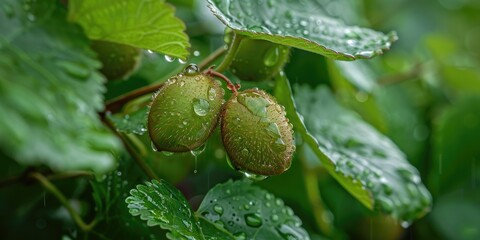 Tiny kiwi fruits Actinidia arguta with raindrops growing in the garden Plants for edible landscaping Selective focus