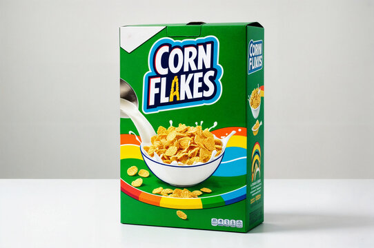A box of Corn Flakes cereal with a colorful design and box displays the word text "Corn Flakes"
