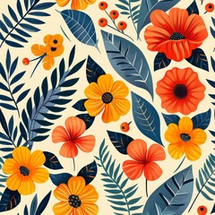 Vibrant Tropical Floral Pattern With Summer Colors and Leaves