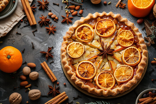 pie with citrus peel dried fruits and nuts, top view