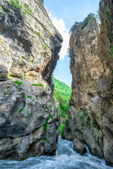 The stormy mountain river Fiagdon and the gorge into the Kadargavan Canyon. The North Caucasus. Russia