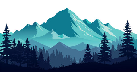 Blue mountain range with pine trees. Vector illustration