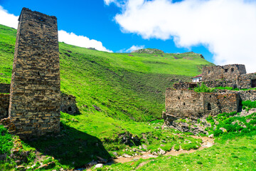 Fototapeta premium The ancient picturesque ruins of the mountainous village of Galiat. The North Caucasus. Russia