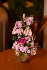  bouquet on the table, bouquet of flowers, bouquet of pink flowers, decoration with flowers,  table with flowers, natural flower arrangement, natural flowers, flower arrangement