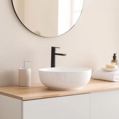 Modern bathroom sink with a sleek faucet and round mirror over a wooden countertop in a minimalistic design.
